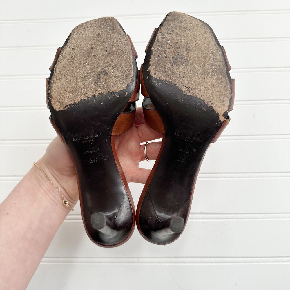 Saint Laurent Tribute Sandals Mule Heel Slides Brown Leather Size 36 EU Luxury - Picture 8 of 9